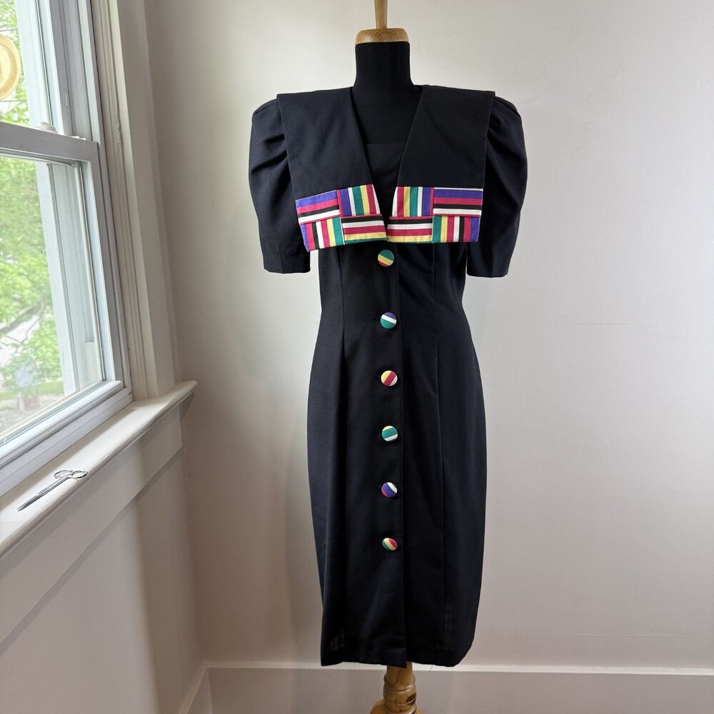 Vintage 80s Retro Puff Sleeve Midi Dress Made in USA, SL Fashions